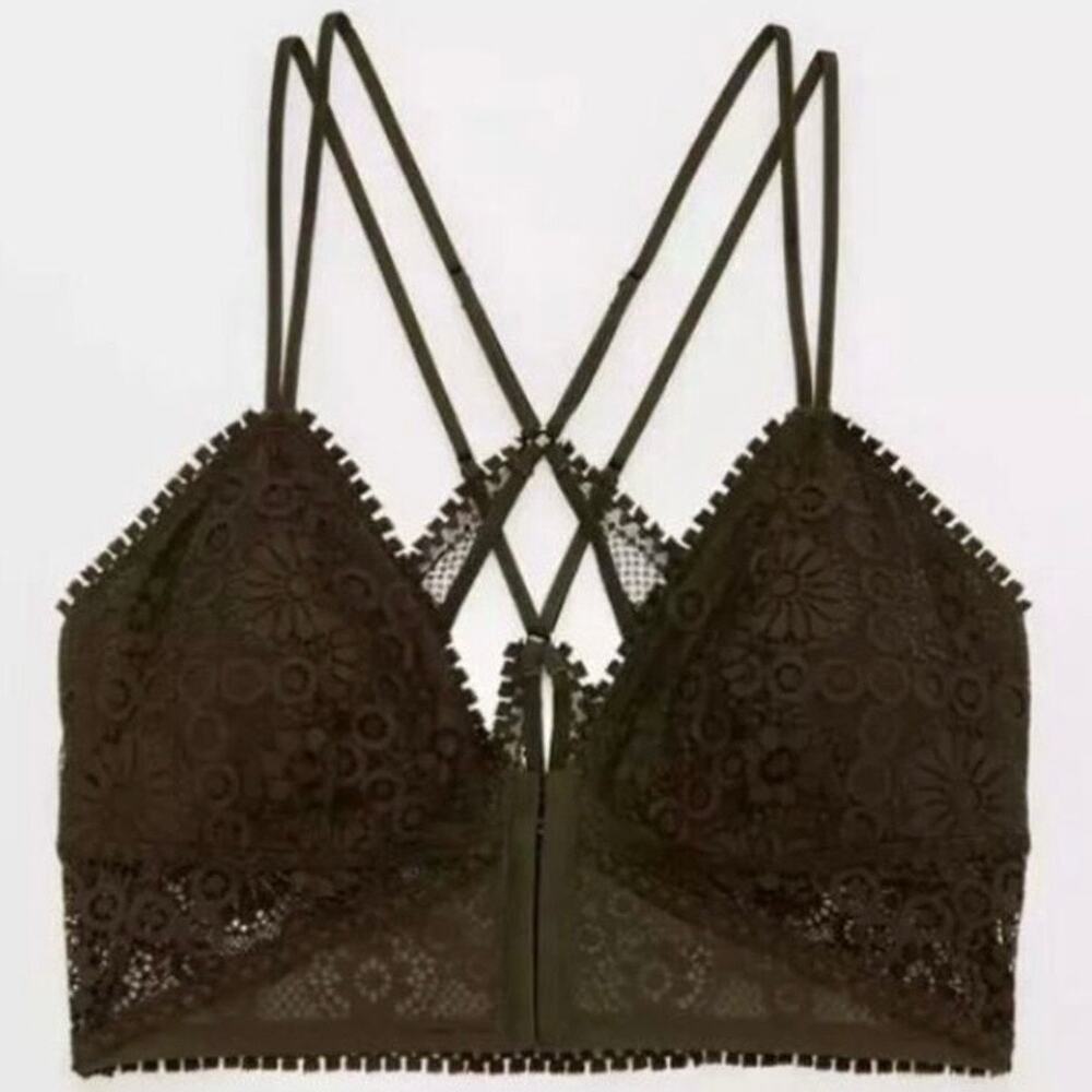 AERIE | Joy Lace Padded Longline Bralette Olive Green Bra Lace Strappy | Size XL